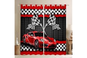 Manfei Racing Car Window Curtains Red Sports Car Window Treatments, Black White Checkered Flag Window Drapes for Kids Teens Room Decor Grommet Top 2 Panel Set Bedroom Curtains, 46Wx54L inch