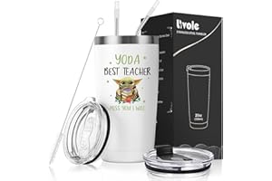 Livole Funny Teacher Gifts for Women, Men, Thank You Teacher, End of Year Gifts for Teachers from Student, Yoda Best Teacher, Miss You I Will, 20oz Wine Tumbler, 600ml Double-Wall Vacuum Travel Mug