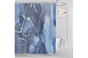 ASDCXZ Duschvorhang Blau Gold Marmor 180x200 cm, Modern Abstrakt Blau Gold Weiß Marmor Optik Textur Waschbar Bad Duschvorhänge Polyester Textil Wasserdicht Duschvorhang für Badewanne mit 12 Hake