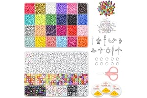 HAOMEEDUO Kit Pulseras I 4290 Abalorios para Hacer Pulseras Cuentas Coloridas de Letras Bolitas para Pulseras Collar Pendientes Abalorios para Manualidades Regalo Niña 10 dijes 3 Rollos Hilos 1 Tijera