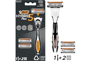 BIC Hybrid 5 Flex påfyllningsbar rakhyvel för män, handtag och Nano-Tech Titanium 5-blads påfyllningar – låda med 1+2