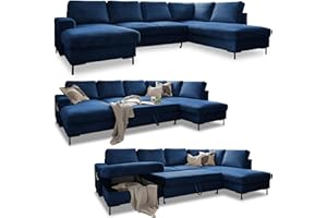 MIUFORM Cord Sofa U Form mit Schlaffunktion - Ecksofa mit Schlaffunktion und Bettkasten, Wohnlandschaft U Form, XXL Couch U Form, Big Sofa XXL, Eckcouch mit Schlaffunktion und Bettkasten, Navy Blau Rechts