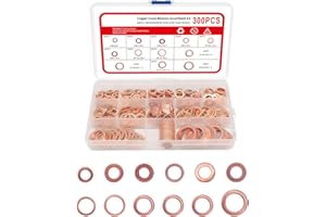 AXIJOBS Asortyment 300 sztuk miedzianych pierścieni uszczelniających, 12 rozmiarów, płaskie podkładki, miedziane pierścienie uszczelniające, miedziane pierścienie uszczelniające, zestaw miedzi, z pudełkiem,