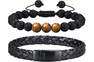 TEMPBEAU Bracelets Homme Cuir Perles : 2Pcs Bracelet Hommes 19-21cm Noir Cuir de Génie Naturelle Perle oeil Tigre Bracelet Grandes idées de cadeaux pour le père de l'homme