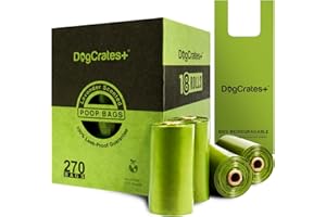 DOG CRATES + DogCrates+ Dog Poo Bags - 270 Leak Proof and Extra Thick Biodegradable Eco Poop Bags with Tie Handles, 15 Bags on a Roll, 18 Dispenser Refills, Strong Waste Bags