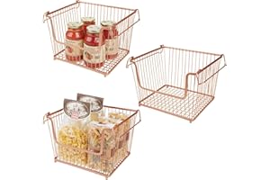 mDesign Juego de 3 cestas metálicas con asas – Organizador de cocina con atractivo diseño de rejilla – Cesto organizador de metal para armarios de cocina, despensa o cuarto de baño – color cobre