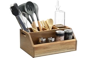 Navaris Uchwyt na sztućce z drewna akacjowego, organizer na sztućce lub pojemnik na przyprawy, drewniane tace na sztućce do przechowywania przypraw, przyborów kuchennych i innych
