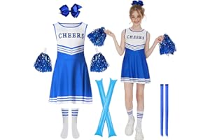 JONRRYIN Kostium cheerleaderki, kostium cheerleaderki, kostium cheerleaderki dla dziewczynki z pomponami, pałeczkami i skarpetkami na Halloween, karnawał, maskaradę