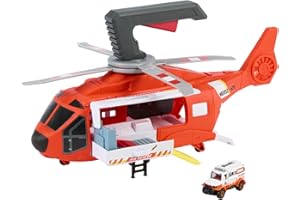Matchbox - Elicottero di Salvataggio, veicolo di 40+ cm che si trasforma in stazione di soccorso, include ambulanza die-cast in scala 1:64, giocattolo per bambini, 3+ anni, HXM74