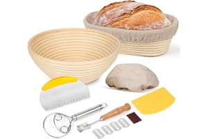JAOBHAHY Set da 2 Cestino da Lievitazione per Pane,25cm Ovali e 23cm Rotondi Cestino Pane con Fodera in Lino,Frusta per Impasto+Taglierino da pane+Raschietto Metallico + Raschietto di Plastica