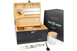 Viking Factory Caja grande de bambú con cerradura de combinación, caja decorativa para el hogar con cierre, bandeja | Tarros de cristal | Herramientas de accesorios(24 * 18 * 14cm Negro)