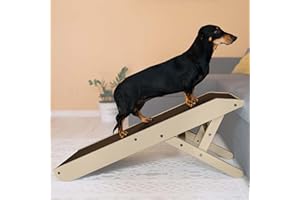 PRIORPET Escalier pour Chien - Rampe pour Chien de Petite ou Grande Taille - Réglable de 18 à 53 cm - pour lit et Canapé - Bois de Bouleau - La Plateforme se connecte Parfaitement - Rampe Pliable - Beige