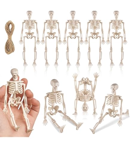 Halloween Deko Skelett Set - 2 Stück 40cm Bewegliche Plastikskelette Mit Juteseil
