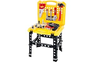 Quickdraw 57 Piece Work Tool Bench DIY Role Play Kids Toy Set - Realistic Tools, Rotating Drill, Portable Workbench - Pretend Playset for Children Ages 3+