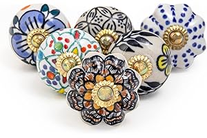RAJRANG Bouton meuble Bouton de tiroir Poignee de porte en céramique, paquet de 6 Poignees de porte à motifs floraux Vintage Inde a la main Assorted, pour portes, tiroirs, armoires et porte a battants