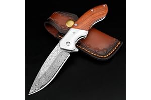 KOMWERO Damast Taschenmesser Klappmesser mit Clip, Scharf Einhandmesser mit Damaststahl Klinge, Holzgriff Liner Lock Flipper Messerscheide Leder - Damastmesser für Sammlung Geschenk