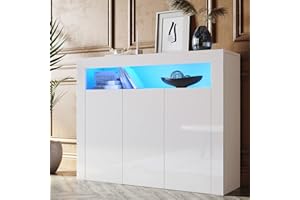 SONNI Aparador Blanco Brillo con 3 Puertas,Mueble Comedor Brillante con Iluminación LED 116x35x93cm,Armario Entrada para Salón/Cocina