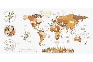 68TRAVEL Decorazione da parete a forma di mappa del mondo, in legno tinto multistrato, multicolore, nomi incisi, effetto 3D unico, per soggiorno, ufficio e camera da letto, XXL Explorer (250 x 156 cm)