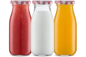 Danmu Art 3Pcs 250ml Glass Milk Bottles with Pretty Gingham Lids, Small Glass Jars for Decoration - Little Milk Juice Bottles (Red-Gingham)