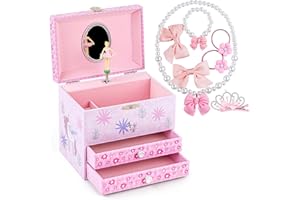 MS. WENNY Ballerina Musical Jewelry Box for Little Girls Kid's Storage Box Jewelry Set - Princess and Unicorn Design Play Over The Rainbow Tune