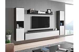 ‎MINIO GO FOR IT MINIO go for it - Wohnwand Parma XL, 4-Teilig Set, Hängend oder Stehend, 2X Highboard, Lowboard, Wandboard, Laminierte Spannplatte, Farbe: Graphit Matera/Weiß Hochglanz