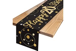 ‎TNYKER Tischläufer 20. Geburtstag Schwarz Gold, Tischdecke 20 Geburtstag mit Konfetti, Happy 20 Birthday Tischläufer zum Geburtstag, Tischdeko Geburtstag für Junge Mädchen 20 Geburtstagsdeko, 180 x 35 cm