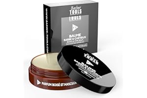 BARBER TOOLS WWW.BARBER-TOOLS.COM Baume Barbe & cheveux | N°3 | aux huiles 100% naturelles - FABRIQUÉE EN FRANCE - Nourrit, Hydrate, structure. À base de 2 cires, 2 beurres, 5 Huiles Végétales, 2 huiles essentielles, Vitamine E (30ml)