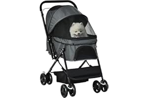 PawHut Dog Stroller, Pet Stroller, Foldable Dog Cat Travel Pushchair with Reversible Handle, EVA Wheels, Brake, Basket, Adjustable Canopy, Safety Leash, for Small Dogs, Grey