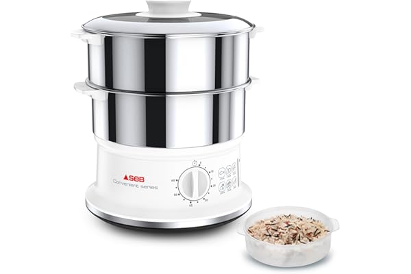 Seb Cuiseur Vapeur série Convenient 2 bols inox, Capacité bol 6 L, Cuisson vapeur, Cuit vapeur compact, Minuteur, Arrêt automatique VC145100, 2 Paniers
