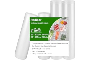 Radikor Sacchetti Sottovuoto Alimenti, 4 Rotoli 20cm*300cm 28cm*300cm Buste Sottovuoto Alimenti, Rotolo Sottovuoto Alimenti, Sacchi Sottovuoto Alimenti per Macchina Sottovuoto e Cottura Sous Vide