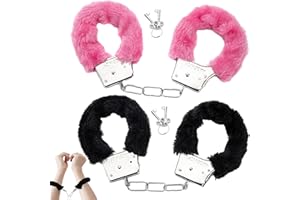 DALAETUS 2 Pares Esposas con 4 Llaves Set, Esposas Sexy Peluche Rosa para el Uniforme de Policía de Vestir, Traje de Fiesta, Esposas de Metal Negro para Despedida de Soltero, Juguetes Eróticos, San Valentín