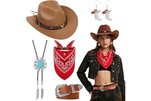 Kyndara 5Pcs Western Cowboy Hat Set for Women, Cowgirl Costume Accessory Set with Hat Necklace Earring Belt Bandana for Masquerade Halloween Parties
