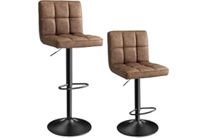 SONGMICS Set di 2 Sgabelli da Bar, Sedie Girevole Regolabili in Altezza con Rivestimento in PU, Sedie da Cucina con Schienale e Poggiapiedi, Sala da Pranzo, Bancone, Acciaio, Marrone Noce LJB064K02