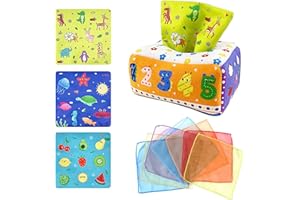 AWONLATE Boîte à Lingettes Jouets pour Bébé, Boîte à Tissus pour Bébé, Jouets Sensoriels Montessori Interactive avec Papiers Froissés & Foulards en Soie Colorés, Jouet Montessori 2 3 4 Mois