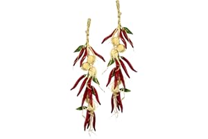 FLAIR FLOWER Chili/Knoblauch Zopf Girlande Hänger Gemüse Deko Plastik Realistisch Gefälschtes Gemüse für Dekoration Knoblauch-Chili-Kette Dekorattrappe Lebensmittelnachbildung Fake Food 2er Set
