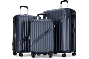 GinzaTravel Lightweight 4 Wheels Suitcase Set ABS Hard Shell Suitcase Luggage Expandable Durable Suitcases with TSA Lock (Set3 Navy Blue)