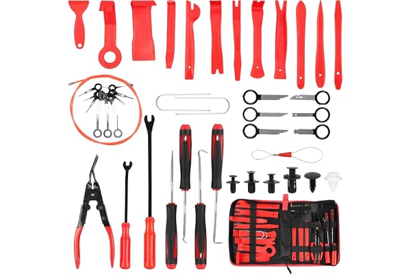 DOCAS 143PCS Outil Demontage Garniture Auto, Outils De DéMontage De Garnitures Trousse pour Panneaux de Garniture de Voiture Portes Tableaux de Bord Radios(Rouge )