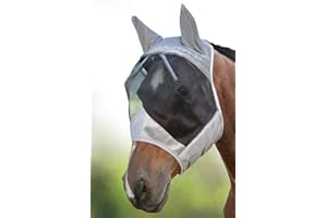 Harrison Howard CareMaster Maschera Anti-Mosche per Cavallo UV Protezione con para Orecchie Argento/Nero