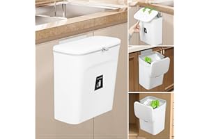 MUGYPYR Contenedor de compostaje para cocina, 2.4 galones/9 litros, encimera o debajo del fregadero, bote de basura pequeño colgante con tapa para baño, dormitorio, cubeta de compostaje interior(blanco)