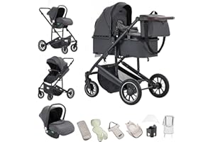 Kakbgee 3 in 1 Pushchair Travel System, Pram Travel System with ECE R129 Car Seat, Height Adjustable Handle Baby Pram, High View Aluminum Frame Baby Stroller for Newborn(22KG, 0-4Yeas)