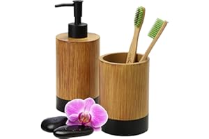 KADAX Zestaw łazienkowy dozownik do mydła i kubek na szczoteczki drewno - czarny, odporny na wilgoć, stabilny, utrzymuje porządek na umywalce w domu i WC