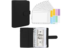 SZCLKJGS Classeur A6 en PU Cuir, Budget Planner, Housse de Cahier 6 Anneaux avec 12 Pochettes Transparentes Zippées Dossier Pour La Budgétisation De L'argent Enveloppes Économiser Organisateur - Noir