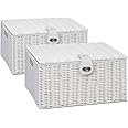 ARPAN 2 x Resin Woven Storage Hamper Basket Box With Lid & Lock (White - Large)