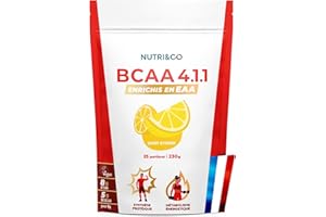 NUTRI & CO BCAA en Poudre 4.1.1 enrichi en EAA - Acides Aminés Prise de Masse & Récupération Musculaire - Leucine, Isoleucine, Valine - Vitamine B6-230g Saveur Citron - 25 portions Vegan
