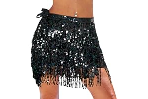 Monbessi Sequin Skirt for Women Cute Tassel Belly Dance Skirt Glitter Skirt for Women and Girls Festival Dance Performance