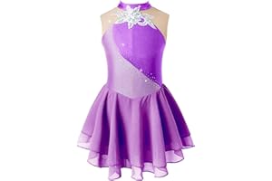 TiaoBug Maillot de Patinaje Artístico para Niñas Competición Vestido Lentejuelas de Baile Leotardo con Falda Tul Body Ballet Disfraz de Baile Actuación