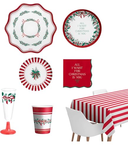 Set Stoviglie Natale - 60 Piatti Rossi, 100 Tovaglioli, 450 Bicchieri, Per Feste Fino A 12 Persone