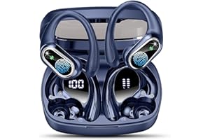 POOUNUR Ecouteurs Bluetooth Sans Fil Sport, Oreillette Bluetooth 5.3 Sans Fil Avec 4 Enc Mic, Ip7 Étanche Casque Avec Crochets D'oreille, 50H Écouteurs Avec Écran Led, Earbuds Hifi Stereo, Usb C, Bleu