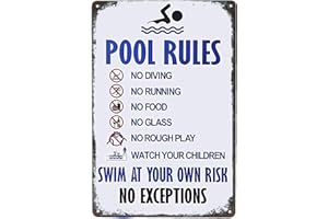 KDLY Vintage Wall Decor Swimming Pool Rules tin sign & Their own Risk Swimming Warning Metal Sign, Swimming Pool, Water Park Safety warning decor Metal Plates Funny Art decoration 12x8 Inch