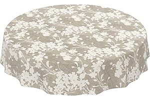 ANRO - Mantel de hule fácil de lavar, con diseño de flores sobre lino, de color beige, redondo, 140 cm
